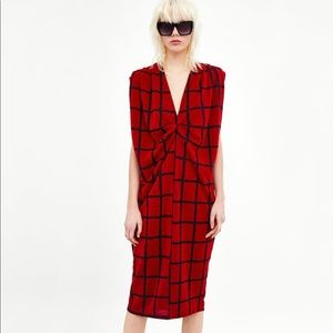 Zara Red Dress Pleated Shoulders size S
